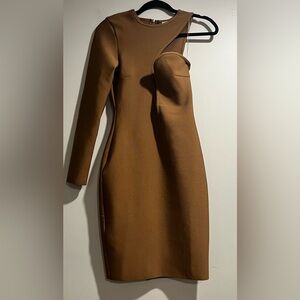 RIVIR Tan one sleeve midis bandage dress